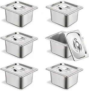 6 Set Stainless Steel Hotel Pans 1/6 Size 4 Inch Deep With Lids, Anti-Jam Chafing Steam Table Pans, Catering Food Storage Metal Pan