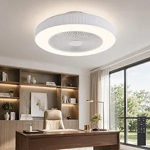20" Bladeless Ceiling Fans with Light Remote Control,LED Smart Flush Mount Ceiling Fan With light for Bedroom, Kids Room, Reversible Motor, 6 Wind Speed, 3000LM, 57W-White/Black (White)