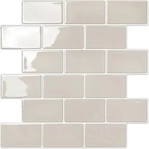 STICKGOO Peel and Stick Backsplash Subway Tiles, 10 Sheets of 12" x 12" - 3D Adhesive Peel and Stick Tile Backsplash for Kitchen, Bathroom, Wall Tile (Thicker Design, Light Gray Beige)