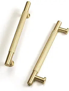 Brushed Gold Kitchen Knurled Cabinet Pulls - 5"(128mm) Hole Center Solid Brass Pulls Dresser Drawer Handles,Wardrobe Closet Cupboard Bathroom Cabinet Hardware Handles