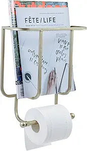 MyGift 2-in-1 Bathroom Magazine Rack with Toilet Paper Holder, Wall Mounted Bathroom Magazine Holder, Modern Brass Tone Metal Magazine Organizer Storage for Home or Office