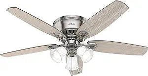 Hunter 52 inch Indoor Ceiling Fan with LED Lights - Ceiling Fan with Pull Chain, For Bedroom, Living Room, or Kitchen, Low Profile Flush Mount, No Remote, 5 Blades - Builder 51112, Brushed Nickel