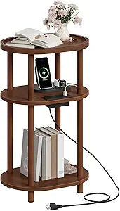 HOOBRO Small Side Table with Charging Station, 3-Tier Oval Bamboo End Table, Accent Table, Compact Sofa Bedside Table for Small Space, for Living Room, Bedroom, Apartment, Mocha MA177UBZ01
