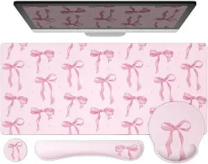 Ovenbird Mouse Pad Set 4-in-1 | Large Gaming Mousepad, Keyboard Wrist Rest, Mouse Wrist Support, Coaster | Ergonomic Office Desk Mat Accessories for Women Men | 4PCS, 35.4 x 15.7in, Pink Bow