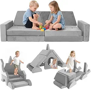Modular Kids Play Couch Kids Couch for Toddlers Child Sectional Sofa DIY Creativing Versatile Kid Sofa for Boys and Girls Convertible Foam Floor Cushion for Playroom Bedroom (Gray)