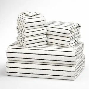 8 Pack Large Bath Towel Set, Cotton Striped Bath Towels for Bathroom, Black and White Bathroom Decor, 2 Shower, 2 Hand Towels, 4 washcloths