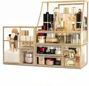 Tempered Glass Makeup Organizer with Gold Heart Shaped Metal Frame, Large Cosmetic Storage Drawer Cabinet, Dustproof Vanity Display Case for Lipstick Makeup Brush Skincare