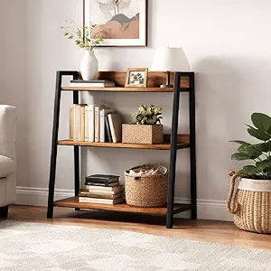 Ladder Shelf, 3 Tier Bookshelf, Small Bookshelf for Small Spaces, Wood and Metal Bookcase, Ladder Bookshelf for Bedroom, Small Book Shelf for Living Room and Office (Black, Ladder)