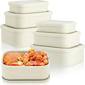Blushtier 2 Sets of 6 Silicone Food Storage Containers with Lid Silicone Bento Box Rectangular Box Hard Shell Containers Microwave Dishwasher Freezer Safe, 10 oz, 23.6 oz, 44 Ounce(Bone White)