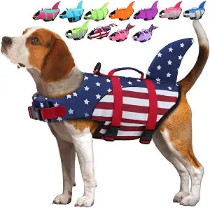 EMUST Dog Life Vests, Pet Floats for Swimming, Boat, Pool, Ripstop Dog Life Jacket with High Buoyancy and Lift Handle for Small and Medium Breeds, (M,FlagShark)