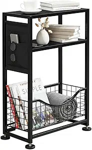 Skinny Side Table with Storage, 3 Tier Slim Side Tables for Small Spaces, Skinny End Table Narrow Bedside Table Narrow Side Table for Living Room, Bedroom
