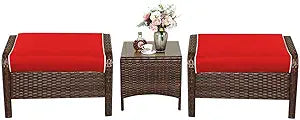 Tangkula 3 PCS Patio Rattan Wicker Furniture Set, 2 Ottomans & Coffee Table