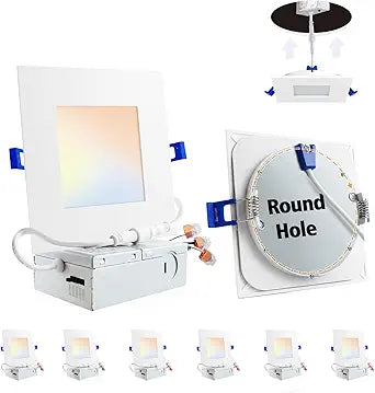 Adetu 6 Pack 6 inch Square Led Recessed Lighting,5CCT Ultra Thin Square Led Ceiling Light with Junction Box,14W 1190LM,CRI90,2700K-5000K Selectable,Dimmable Canless Downlight,ETL and Energy Star