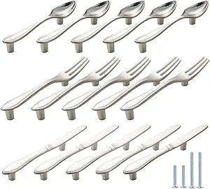 CENDGOOD Cabinet Door Pulls Tableware Handles Spoon Knife Fork Shape Kitchen Cupboard Dresser Closet Drawer Hole Center 3" Silver Pack of 15