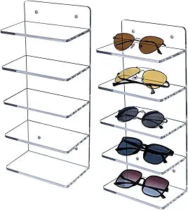 MyGift 5 Tier Clear Acrylic Sunglasses Holder Rack, Wall Mounted Eye Glasses Shelf or Tabletop Display Stand, Retail Eyewear Showcase Storage Organizer, Set of 2