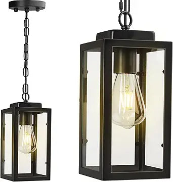 Outdoor Pendant Light, 11" Porch lights Outdoor Chandelier Hanging Ceiling Lights, Black Aluminum Lightshade with Tempered Glass, Exterior Lighting Fixture for Porch Yard Gazebo, 1 Pack, No Sensor