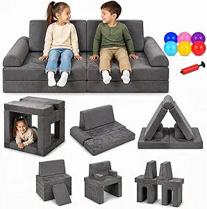 10 PCS Modular Kids Play Couch with 6 Inflatable Balls  Convertible Foam and Floor Cushion Sofa for Boys and Girls, Perfect Play Couch for Toddlers, Playrooms or Bedrooms (Grey)