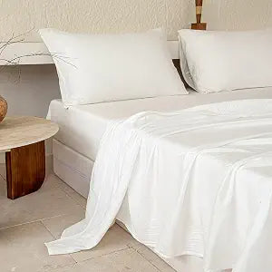NSNLGSGC 100% Muslin Cotton Sheet Set Queen Size, 2-Layer Washed Cotton Gauze Queen Bed Sheets, 4-Pieces Bed Blanket Sheet Set with Deep Pocket(Cream White,Queen)