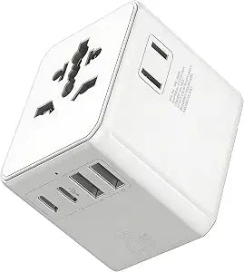 Universal Travel Adapter 25W, International Power Plug Converter with 2500W High Power Support, All-in-One AC Adapter for Europe UK US AUS, 2 USB-C + 2 USB-A Ports, Compact Travel Charger