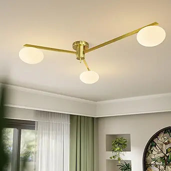 3-Light Flush Mount Sputnik Ceiling Light Fixture,Gold Brass Chandelier Mid Century Modern,Family Dining Table Lighting,Bedroom Kitchen Island Living Room MCL03-GD