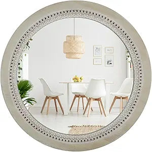 Round Decorative Mirrors for Farmhouse Wall Decor Round Wooden Frame Mirror With Beads, Rustic Large Bathroom Vanity Mirrors for Bathroom, Over Sink, Bedroom, Living Room, Entryway,Foyer (24''Lx24''W)