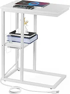Vagusicc C Shaped End Table with Charging Station, Small Side Table for Couch, Snack Side Table with USB Ports and Outlets for Small Spaces, Slide Under Sofa Table TV Tray Arm C Table for Living Room