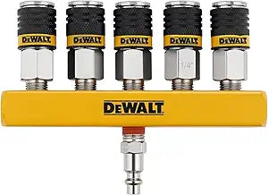 DEWALT 5-Way Straight Air Manifold and 5-Port Pneumatic Splitter with Universal Couplers and Industrial Plug: 300 Max PSI, 40 SCFM Airflow