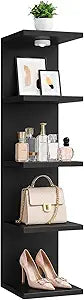 5-Tier Floating Shelf with LED Lights, Narrow Vertical Storage Unit for Small Spaces, Freestanding Bookshelf for Bedroom, Wall Mount Display Rack for CDs Perfumes,Black
