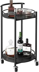 Bar Cart Black Rolling Cart for Home,2 Tiers Bar Serving Cart Round Wine Cart with Handle, Metal Wine Rack and Casters, Serving Bar Trolley for Home Kitchen,Living Room,Christmas,New Year