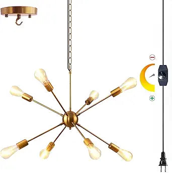 HOXIYA 26.3" DIMMABLE Plug in Chandelier, Modern Sputnik Chandeliers Brushed Gold 8-Lights Plug in Pendant Light, Mid Century Hanging Ceiling Lighting Fixture for Dining Room Bedroom Kitchen Entryway