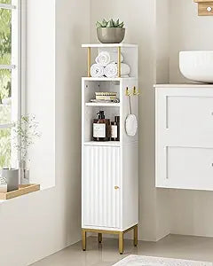 Bathroom Storage Cabinet,Small Corner Floor Cabinet with 2 Hook,Narrow Toilet Paper Cabinet with Adjustable Shelves,Bathroom Organizer for Living Room,Small Spaces (Wave, White-37''H)