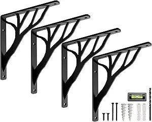 Rustic Tree Black Heavy Duty Shelf Brackets 10 inch by Balin Designs, Decorative L Brackets, Iron Metal Floating Shelf Bracket, Wall Mount Shelving Bracket, Included Hardware, Set of 4