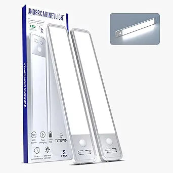 Rechargeable Under Cabinet Lighting, Motion Sensor Wireless LED Cabinet Light with 2500mAh Battery & USB-C Fast Charging, Magnetic Closet Light for Kitchen, Pantry, Stairs, Hallway, 2 Pack