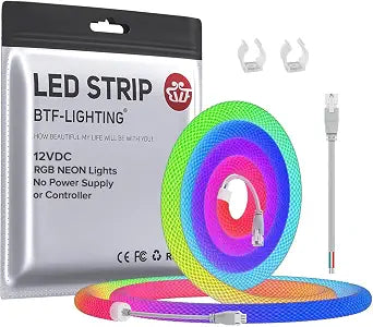 BTF-LIGHTING WS2812B IC RGB Addressable Neon Rope Light 12VDC 3.2FT IP67