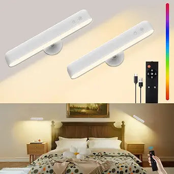 Battery Operated Wall Sconces Set of Two, 7500mAh Rechargeable LED Wall Lights for Bedroom with Remote Control, 360Rotate, 3 Colors Dimmable, Wireless Wall Lamps with 15 RGB Colors, White
