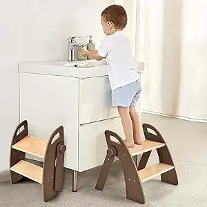 Wooden 2 Step Stool for Kids Bathroom Sink Foldable Anti-Slip 2-Step for Toilet Potty Training, Child Stepping Stool for Kitchen Nursery Bedroom, Sturdy Non Slip Adult Stool for Closet Brown