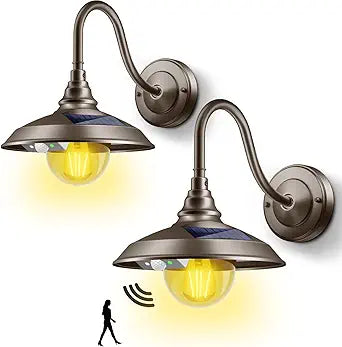 SIEDiNLAR Solar Barn Light Outdoor 3 Modes 2 Lighting, Aluminum Vintage Farmhouse Gooseneck Wall Light Waterproof with Remote & Motion Sensor for Barn Garage Shed Chicken Coop Dark Bronze (2 Pack)