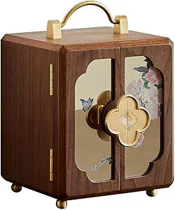 Black Walnut Jewelry Organizer - Wooden Jewelry Box with Gold Handle & Mirrored Flowers, 4 Layers of Storage - Ideal for Women (Brown)