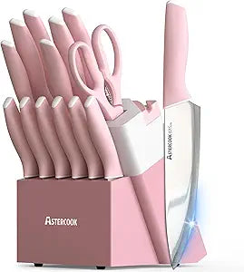 Astercook Knife Set, Kitchen Knives Set with Block and Sharpener 15 Pcs German Stainless Steel Knives Sharp Blade Dishwasher Safe Deba Knives with Ergonomic Handle, Crystal Pink