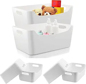 Ytteve 6 Pack Plastic Storage Bins with Handles - 2 Large & 4 Medium Versatile White Organizer Containers for Kitchen Pantry Closet Bathroom Cabinet Organization