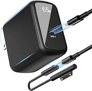 65W GaN Surface Pro Charger, 2-in-1 Power Adapter for Microsoft Surface Pro 3/4/5/6/7/8/9/10/11/12/X, Surface Book, Surface Laptop & Tablet, USB-C Fast Charger with Magnetic Surface Connector