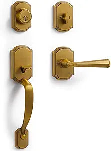 1 Pack Antique Brass Front Door Handle and Deadbolt Set Reversible Lever Entry Handleset with Lock and Key Single Cylinder