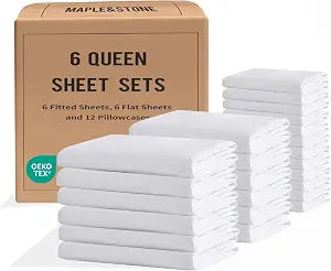 Maple&Stone Bulk Pack of 6 Queen Sheet Sets  Wholesale Case Pack for Hotel Microfiber Bedding  Deep Pockets, Wrinkle Free, Breathable Complete Sheet Sets for Guest Bedroom, Spa & Airbnbs, White