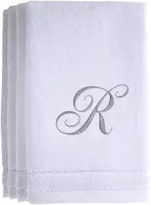 Monogrammed Towels Fingertip, Personalized Gift, 11 x 18 Inches - Set of 4- Silver Embroidered Towel - Extra Absorbent 100% Cotton- Soft Velour Finish - For Bathroom/ Kitchen/ Spa- Initial R (White)