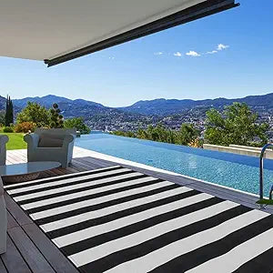 Plastic Straw Rug,8'x10' Outdoor Waterproof Patio Rugs Foldable Reversible Camping Mat for Rv, Deck, Porch, Picnic, Beach, Balcony,Black & White