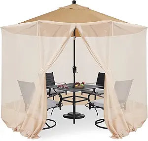 COOSHADE 7.5-11FT Patio Umbrella Mosquito Netting Polyester Screen Mesh Net for Outdoor Umbrella with Zipper Door and Weight Bag Beige