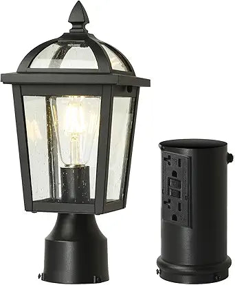Dusk to Dawn Outdoor Post Light with GFCI Outlet, Waterproof Aluminum Pole Lamp Post Lighting Fixture, Hardwired Exterior Post Lantern for Yard, Garden, Patio & Pathway