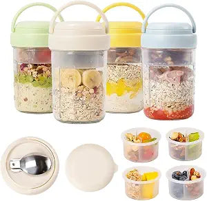 UWILLION 4 Pack Overnight Oats Containers with Handles, 16 oz Glass Mason Jars with Lids, Folding Spoons & Topping Compartments, Yogurt Parfait Cups for Weekly Meal Prep, Chia Pudding & Snacks