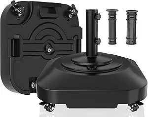 Umbrella Base, Heavy Duty Umbrella Stand with 5 Wheels, Max 100lb Fillable Mobile Outdoor Base for Patio, Deck, Poolside, Law, Pole Holder with 2 Knobs and 2 Aluminum Alloy Sleeves (19" Base)