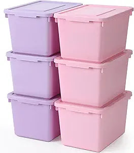 Potchen 6 Pack Small Stackable Storage Bins with Lids Plastic Cute Storage Boxes 9.8" 7.3" 5.7" Decorative Storing Bins for Organizing Craft Office Classroom Supplies (Pink,Purple)